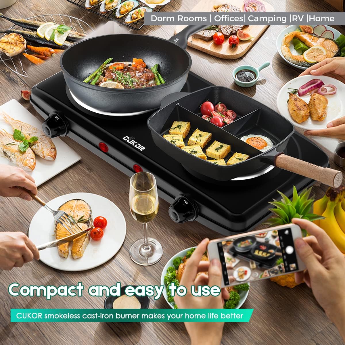 CUKOR Electric Hot Plate, Double Cast Iron 2 Burner, 1800W Countertop Burner, Dual Electric Stove Burners, Portabel Electric Cooktop, Portabel Double Burner for Cooking - Image 7