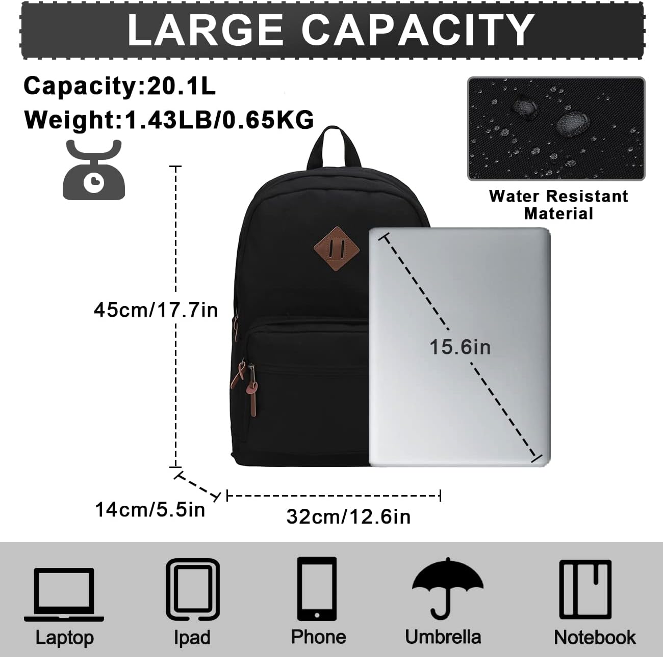 RAVUO School Backpack for Men Women, Water Resistant 15.6 inch Laptop Back Packs Bookbags College Daypack Black Bag with Side Pockets - Image 2