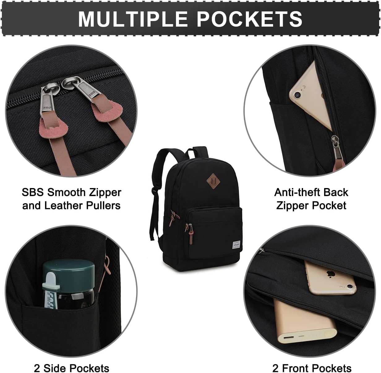 RAVUO School Backpack for Men Women, Water Resistant 15.6 inch Laptop Back Packs Bookbags College Daypack Black Bag with Side Pockets - Image 3