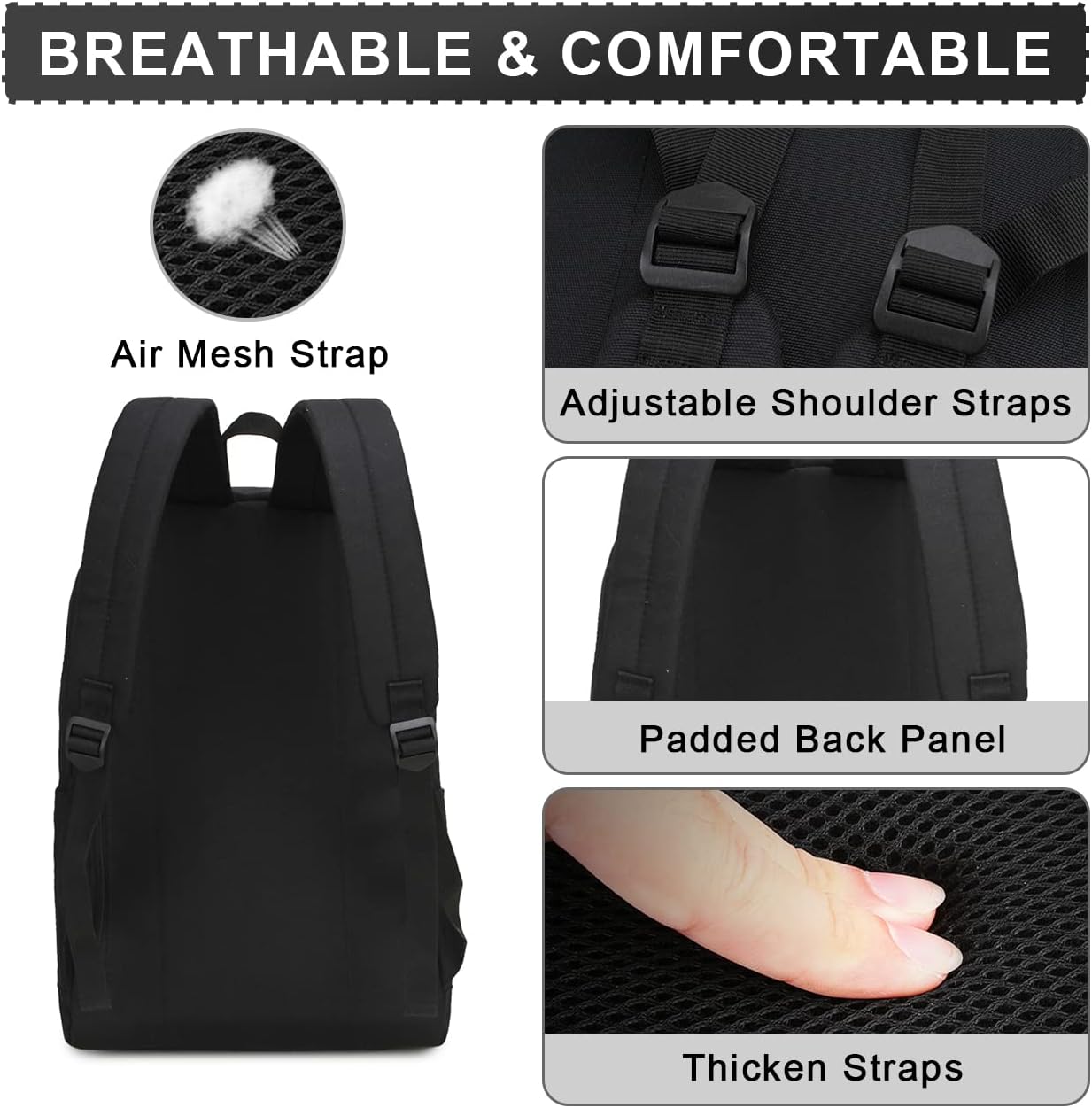 RAVUO School Backpack for Men Women, Water Resistant 15.6 inch Laptop Back Packs Bookbags College Daypack Black Bag with Side Pockets - Image 4