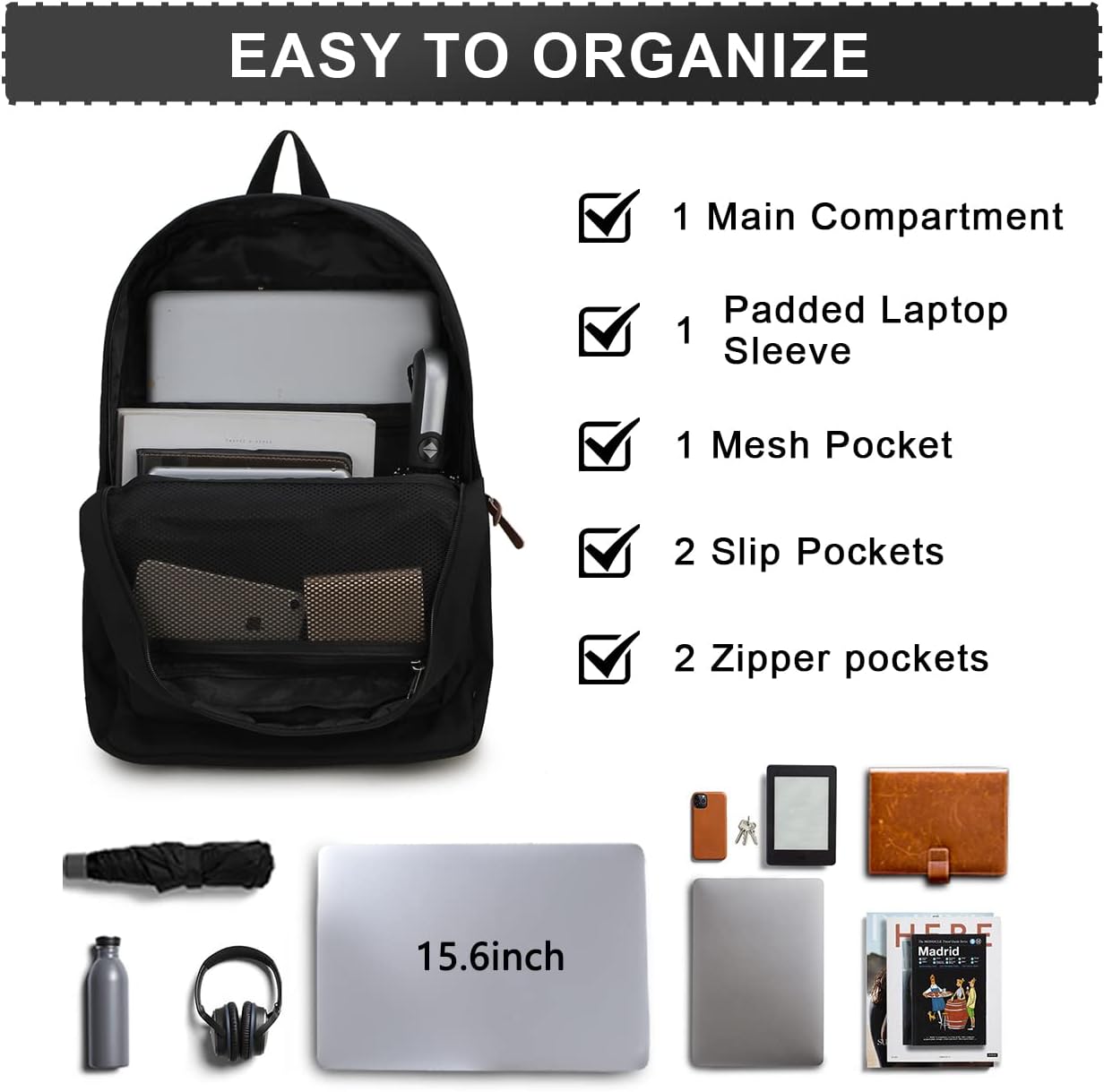 RAVUO School Backpack for Men Women, Water Resistant 15.6 inch Laptop Back Packs Bookbags College Daypack Black Bag with Side Pockets - Image 5