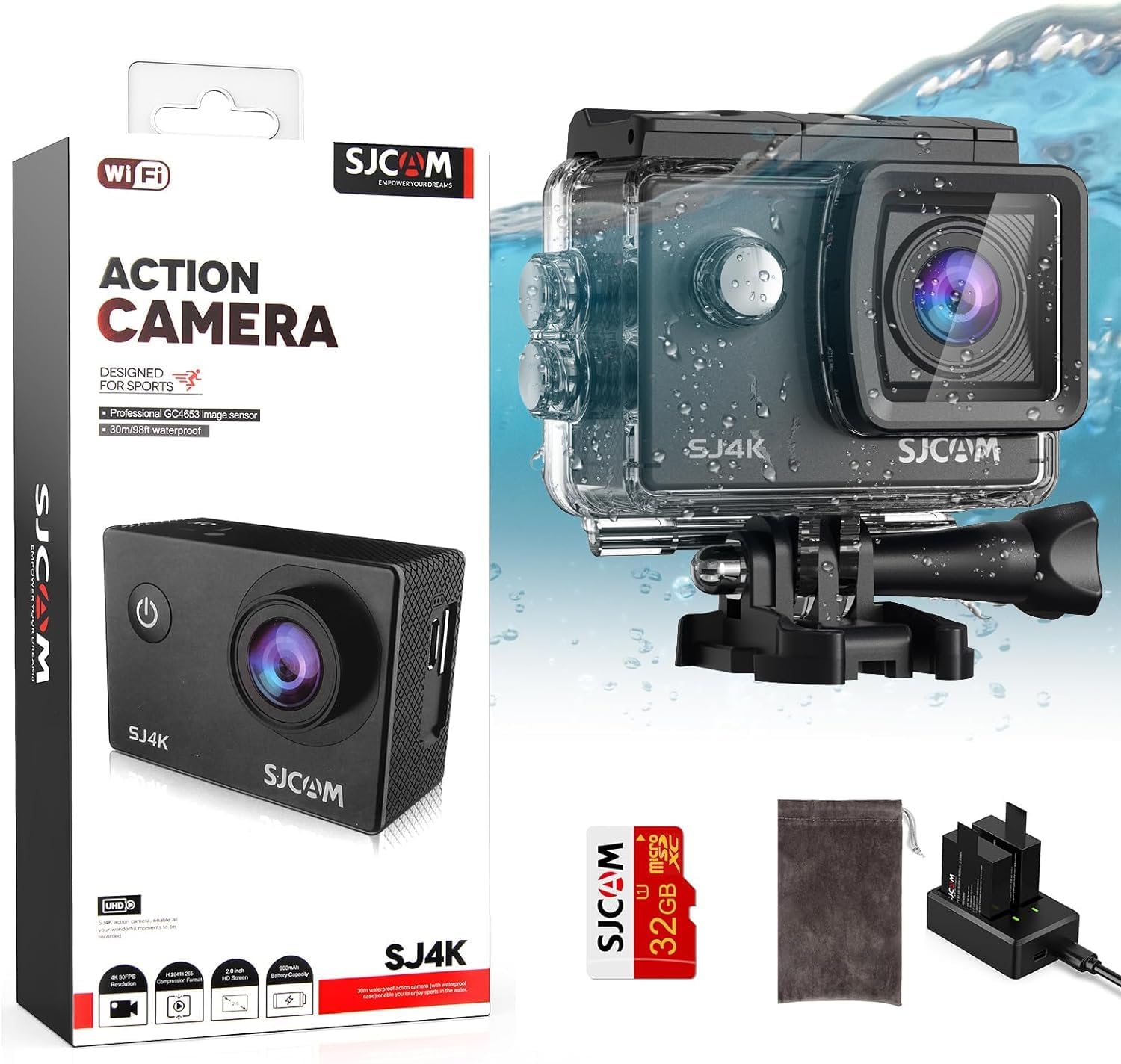 SJCAM SJ4000 Pro-Grade 4K Action Camera, 40MP 3-Axis EIS Stabilization Motorcycle Sport Camera, 170°FOV Waterproof Camera Underwater, 5X Zoom, Dual Batteries, 32G SD Card and Helmet Accessory Kit