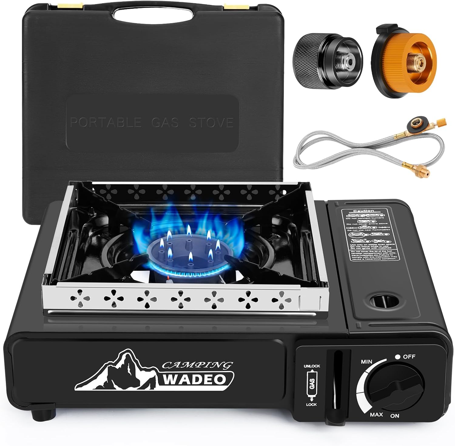 WADEO Three Fuel Portable Camping Stove with Windblocker, 3 in 1 Propane Butane Isobutane Stove with Carrying Case and Stainless Steel Hose Adapters, Gas Camp Stove for Cooking, BBQ, Travel RV, Hiking