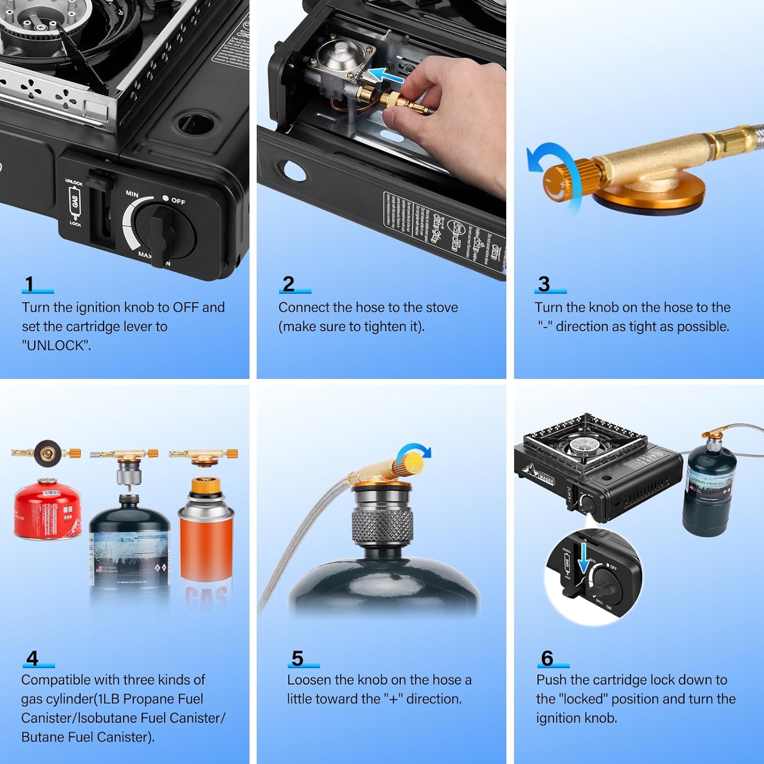 WADEO Three Fuel Portable Camping Stove with Windblocker, 3 in 1 Propane Butane Isobutane Stove with Carrying Case and Stainless Steel Hose Adapters, Gas Camp Stove for Cooking, BBQ, Travel RV, Hiking - Image 5